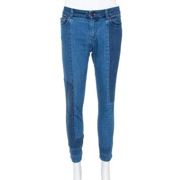 Pre Owned Alexander McQueen Blue Patchwork Denim Cropped Skinny Jeans M