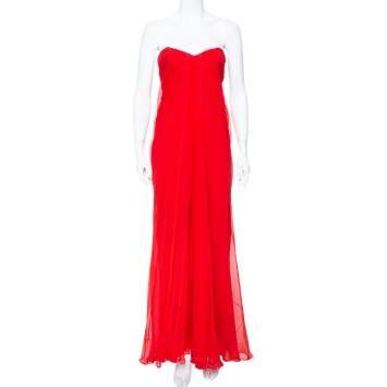 Pre Owned Alexander McQueen Red Chiffon Bustier Detail Strapless Evening Gown M
