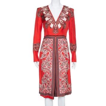 Pre Owned Alexander McQueen Red  Paisley Printed Silk Plunge Neck Midi Dress S