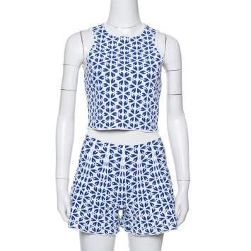 Pre Owned Alexander McQueen White & Navy Blue Embossed Floral Jacquard Crop Top and Short Set S