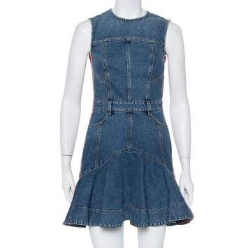 Pre Owned Alexander McQueen Blue Denim Side Stripe Detail Flared Mini Dress S