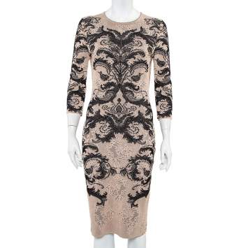 Pre Owned Alexander McQueen Beige & Black Jacquard Knit Sheath Dress M
