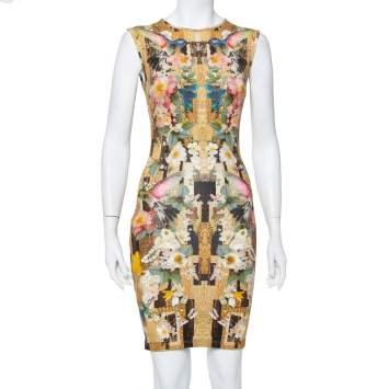 Pre Owned Alexander McQueen Multicolor Dragonfly Printed Knit Sleeveless Sheath Dress S