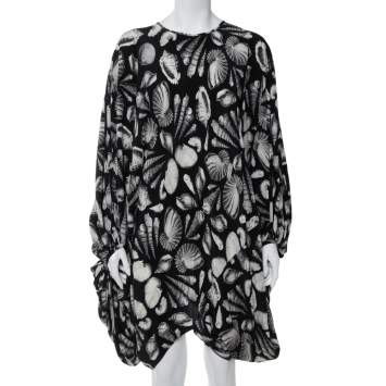 Pre Owned Alexander McQueen Black Shell Printed Silk Oversized Mini Dress M