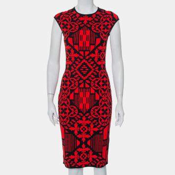 Pre Owned Alexander McQueen Red & Black Jacquard Knit Sheath Dress M