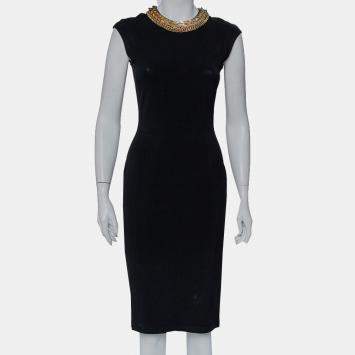 Pre Owned Alexander McQueen Black Knit Embellished Neck Detail Sleeveless Sheath Dress M