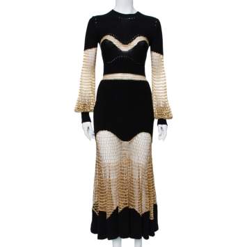 Pre Owned Alexander McQueen Black & Gold Knit & Mesh Paneled Maxi Dress S 