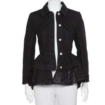 Pre Owned Alexander McQueen Black Denim & Embroidered Lace Peplum Jacket S