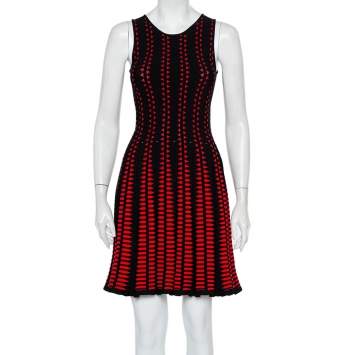 Pre Owned Alexander McQueen Red Patterned Knit Flared Sleeveless Dress S