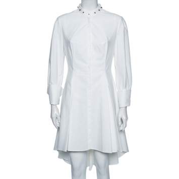 Pre Owned Alexander McQueen White Textured Cotton Asymmetric Hem Tuxedo Dress M
