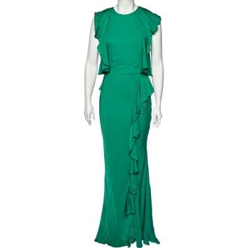 Pre Owned Alexander McQueen Green Crepe Ruffled Sleeveless Gown S