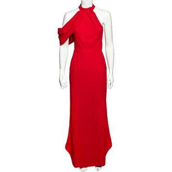 Pre Owned Alexander McQueen Red Crepe Draped Shoulder Halter Neck Gown S