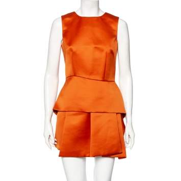 Pre Owned Alexander McQueen Orange Sateen Pleated Hem Detailed Short Dress S