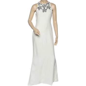 Pre Owned Alexander McQueen Cream Crepe Embellished Neck Detail Sleeveless Gown M