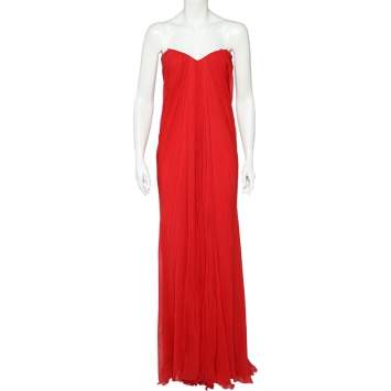 Pre Owned Alexander McQueen Red Silk Chiffon Strapless Gown M