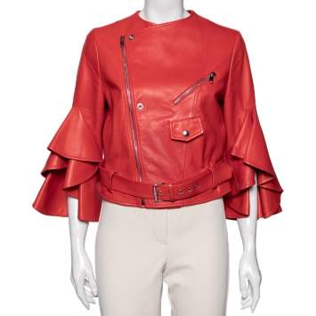 Pre Owned Alexander McQueen Red Leather Ruffled Sleeve Zip Front Jacket M