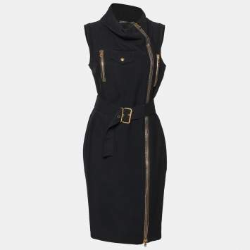 Pre Owned Alexander McQueen Black Acetate Zipper Embellished Belted Dress M