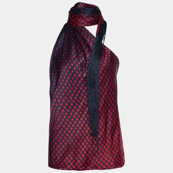 Pre Owned Alexander McQueen Bicolor Silk Polka Dot Fringed Scarf Halter Top M