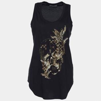Pre Owned Alexander McQueen Black Embellished Skull Motif Tank Top M