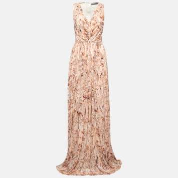 Pre Owned Alexander McQueen Pink Printed Jersey Draped Sleeveless Maxi Dress M