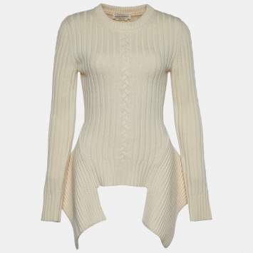 Pre Owned Alexander McQueen Off White Wool Cable Knit Peplum Jumper S
