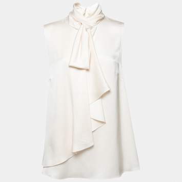 Pre Owned Alexander McQueen White Satin Silk Draped Sleeveless Top M