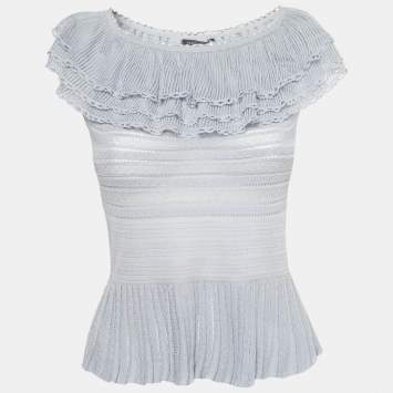 Pre Owned Alexander McQueen Blue Pointelle Knit Ruffle Trimmed Top S 