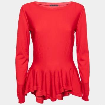 Pre Owned Alexander McQueen Red Wool Peplum Long Sleeve Sweater L