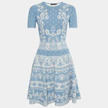 Pre Owned Alexander McQueen Light Blue Floral Jacquard Knit Dress Midi Dress S