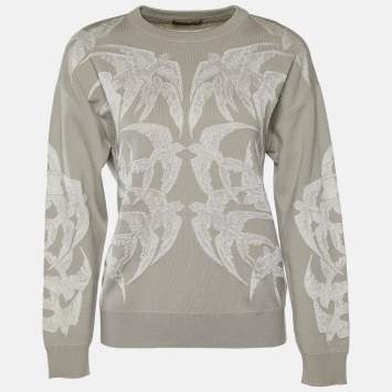 Pre Owned Alexander McQueen Grey Swallow Jacquard Wool & Silk Jumper S
