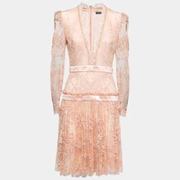 Pre Owned Alexander McQueen Pink Floral Lace Long Sleeve Dress M