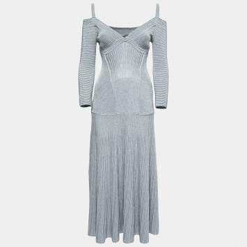 Pre Owned Alexander McQueen Metallic Grey Ribbed Knit Off-Shoulder Maxi Dress M