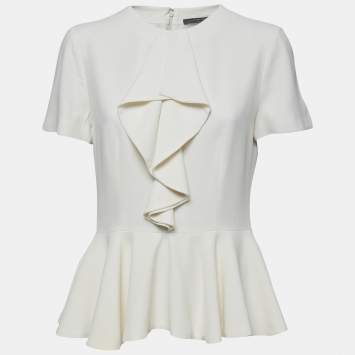Pre Owned Alexander McQueen White Crepe Ruffled Peplum Top L
