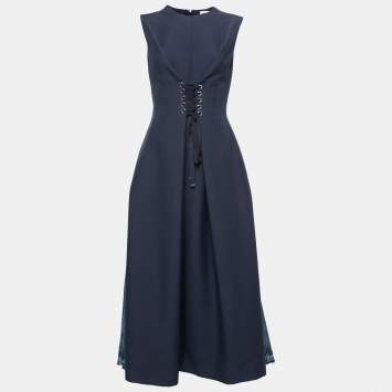 Pre Owned Alexander McQueen Blue Crepe & Denim Contrast Lace Up Dress M