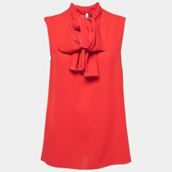 Pre Owned Alexander McQueen Red Silk Draped Neck Sleeveless Top M