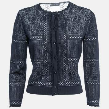 Pre Owned Alexander McQueen Navy Blue Patterned Knit Button Front Sweater L