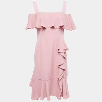 Pre Owned Alexander McQueen Pink Silk Chiffon Ruffled Off-Shoulder Midi Dress M