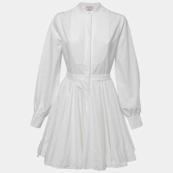 Pre Owned Alexander McQueen White Cotton Paneled Flared Mini Dress S
