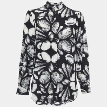 Pre Owned Alexander McQueen Black Sea Shell Print Silk Button Front Blouse S