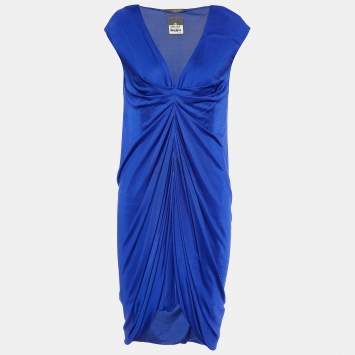 Pre Owned Alexander McQueen Royal Blue Jersey Ruched Sleeveless Mini Dress L
