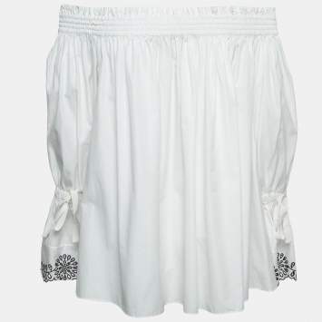 Pre Owned Alexander McQueen White Cotton Off Shoulder Lace Trim Blouse M