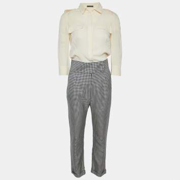 Pre Owned Alexander McQueen Cream Silk & Houndstooth Silk & Wool Jumpsuit S