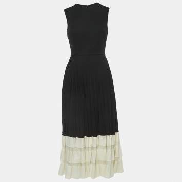 Pre Owned Alexander McQueen Black Pleated Crepe Sleeveless Midi Dress S