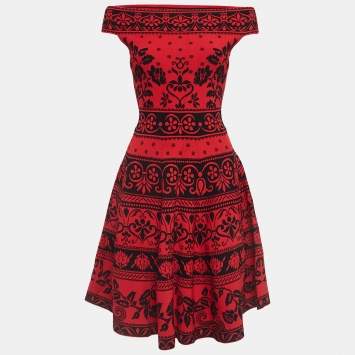 Pre Owned Alexander McQueen Red Jacquard Knit Midi Dress XS
