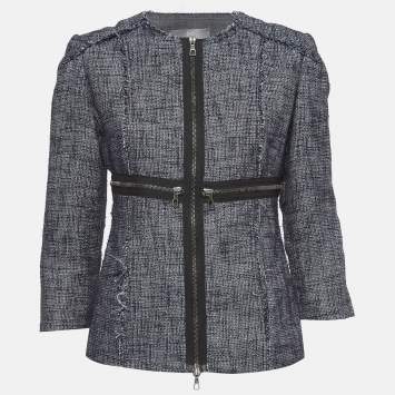 Pre Owned Alexander McQueen Navy Blue Tweed Zip Front Jacket M