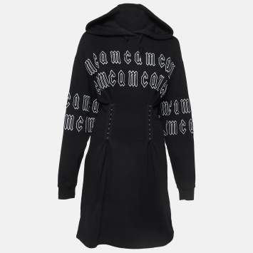 Pre Owned Alexander McQueen Black Repeat Logo Cotton Corset Hoodie Dress XS