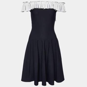 Pre Owned Alexander McQueen Black Knit Ruffle Off-Shoulder Fit & Flare Sweater Dress XS