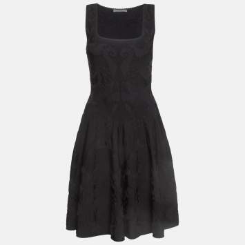 Pre Owned Alexander McQueen Black Embossed Stretch Knit Flared Short Dress XS