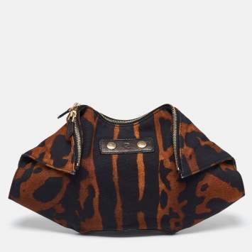 Pre Owned Alexander McQueen Black/Brown Leopard Print Canvas and Leather Medium De Manta Clutch