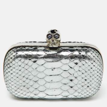 Pre Owned Alexander McQueen Silver Python Skull Box Clutch